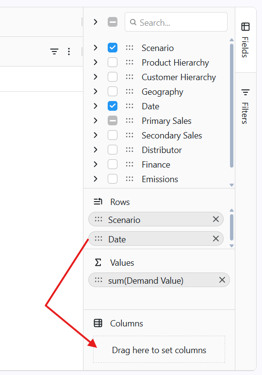 The Field List showing available fields being dragged into the rows and columns areas to arrange the pivot table layout