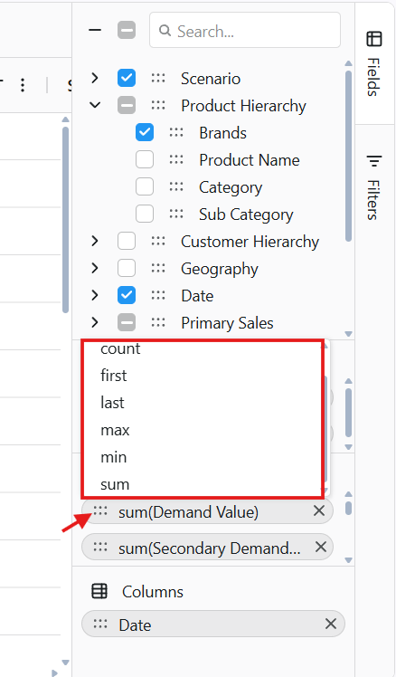 The summary function menu next to a value field, listing Sum, Average, Count, Max, and Min options