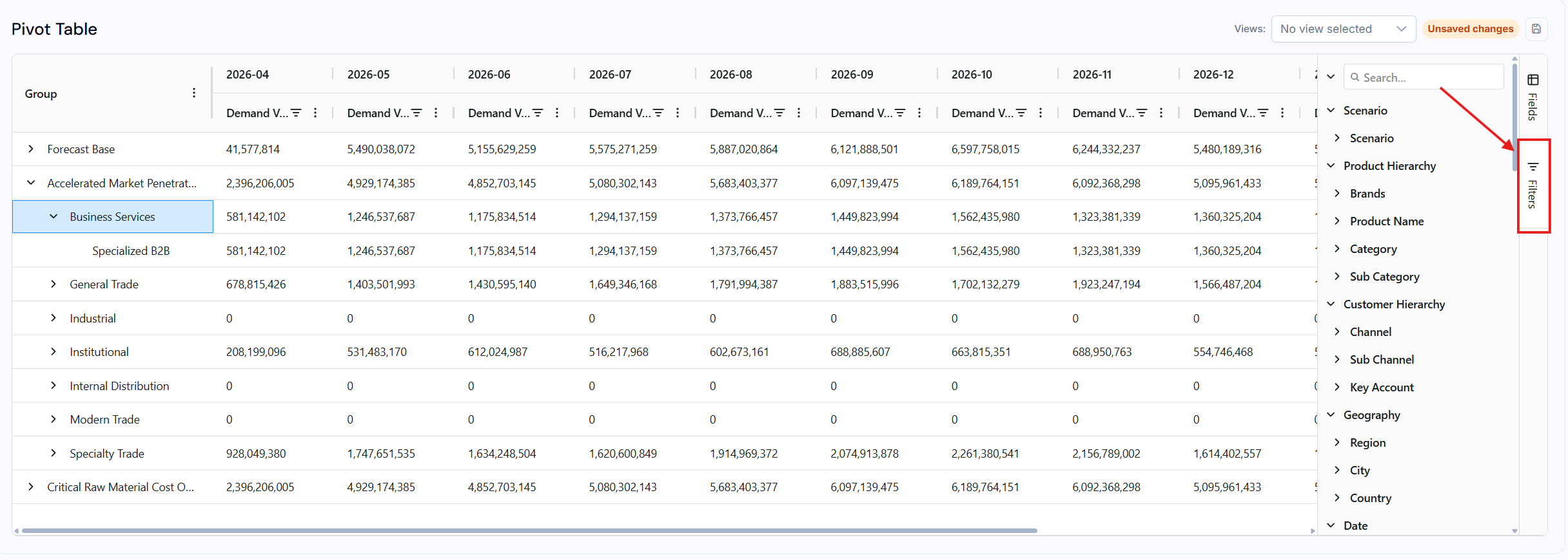 The right-side panel of the Pivot Table showing the Filters button