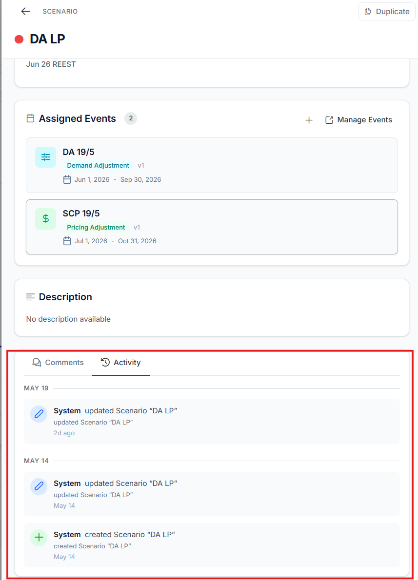Activity Log tab showing a timeline of entries, each with the user's name, a timestamp, and a short description of the action