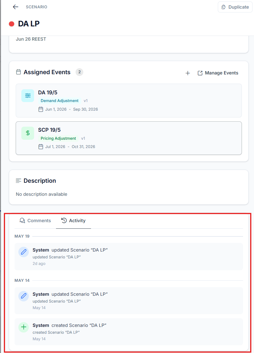Activity Log tab showing a timeline of entries, each with the user's name, a timestamp, and a short description of the action