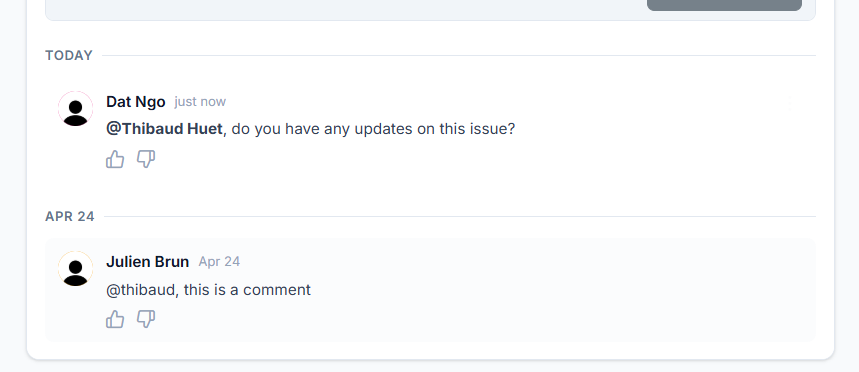 Comment thread with comments grouped under day headings, the most recent day at the top and comments within each day in chronological order