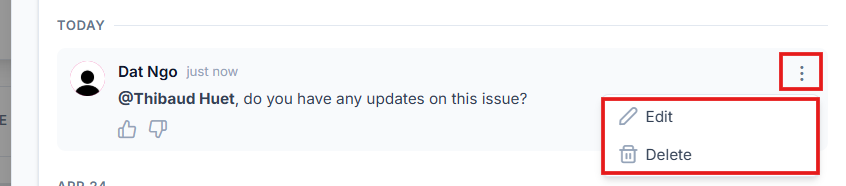 A posted comment showing the edit and delete controls available to its author