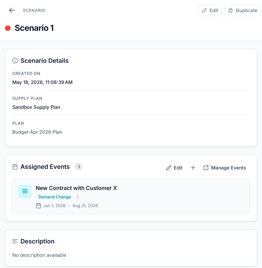 Scenario drawer structured data view showing the parent plan, the supply plan, and the events assigned to the scenario