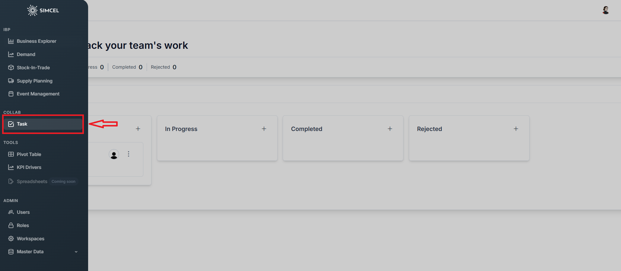SIMCEL side navigation menu with the Tasks item highlighted under the Collab section