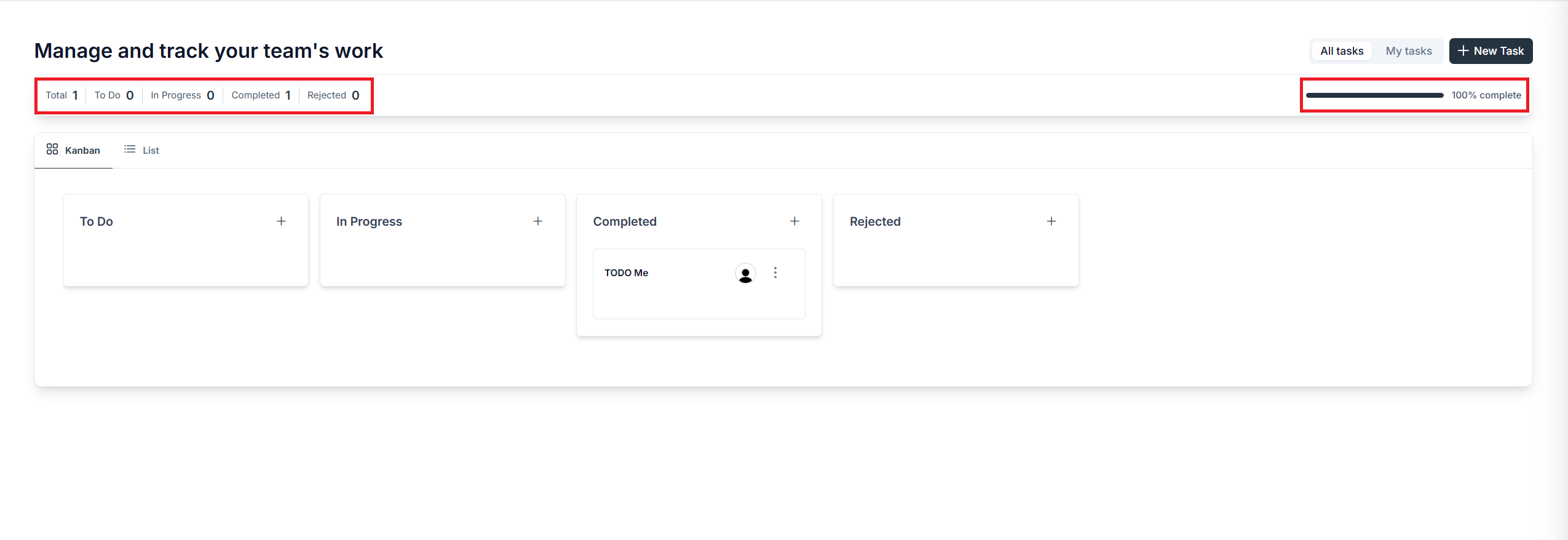 Summary bar at the top of the task board showing task counts for Total, To Do, In Progress, Completed, and Rejected, with a percentage complete progress bar on the right