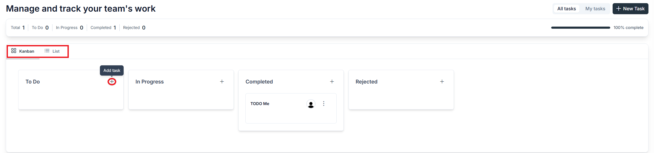 Kanban board with task cards organized into columns for To Do, In Progress, Completed, and Rejected