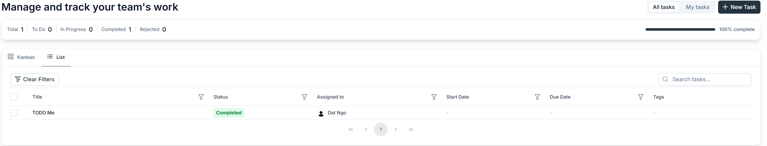 List view showing tasks in a table with columns for Title, Status, Assigned to, Start Date, Due Date, and Tags, with column filters and a search bar