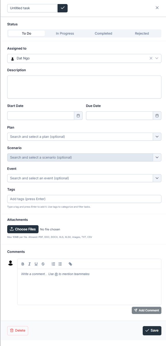 Task detail panel with fields for status, assignee, description, start and due dates, linked Plan, Scenario, and Event, tags, attachments, and comments