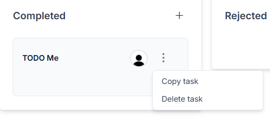 Three-dot menu opened on a Kanban task card showing the Copy task and Delete task options