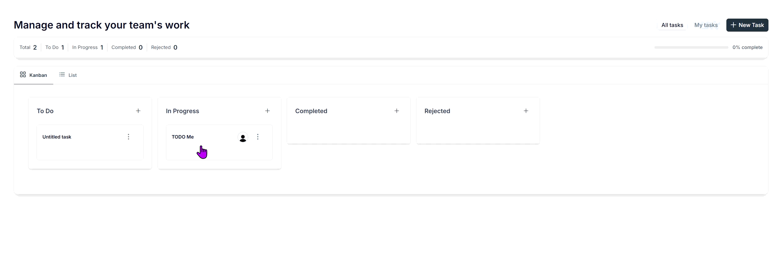 A task card being dragged from one Kanban status column to another, updating the task status
