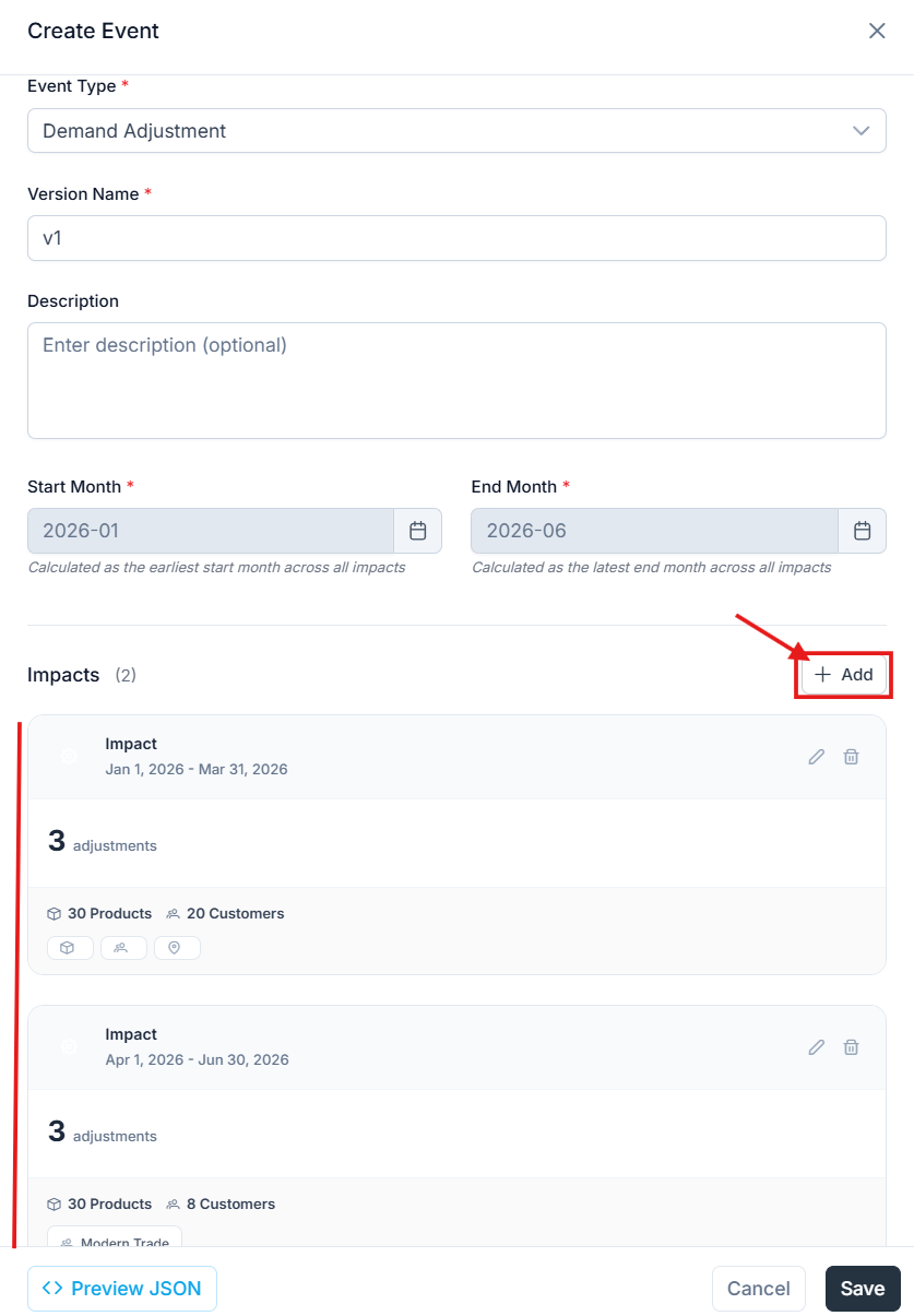 Event editor showing two stacked impact boxes, each targeting a different product and customer segment