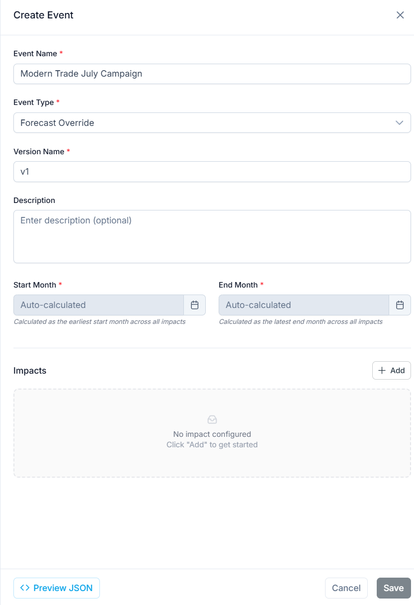 Event creation panel with the event name field and Forecast Override selected as the event type
