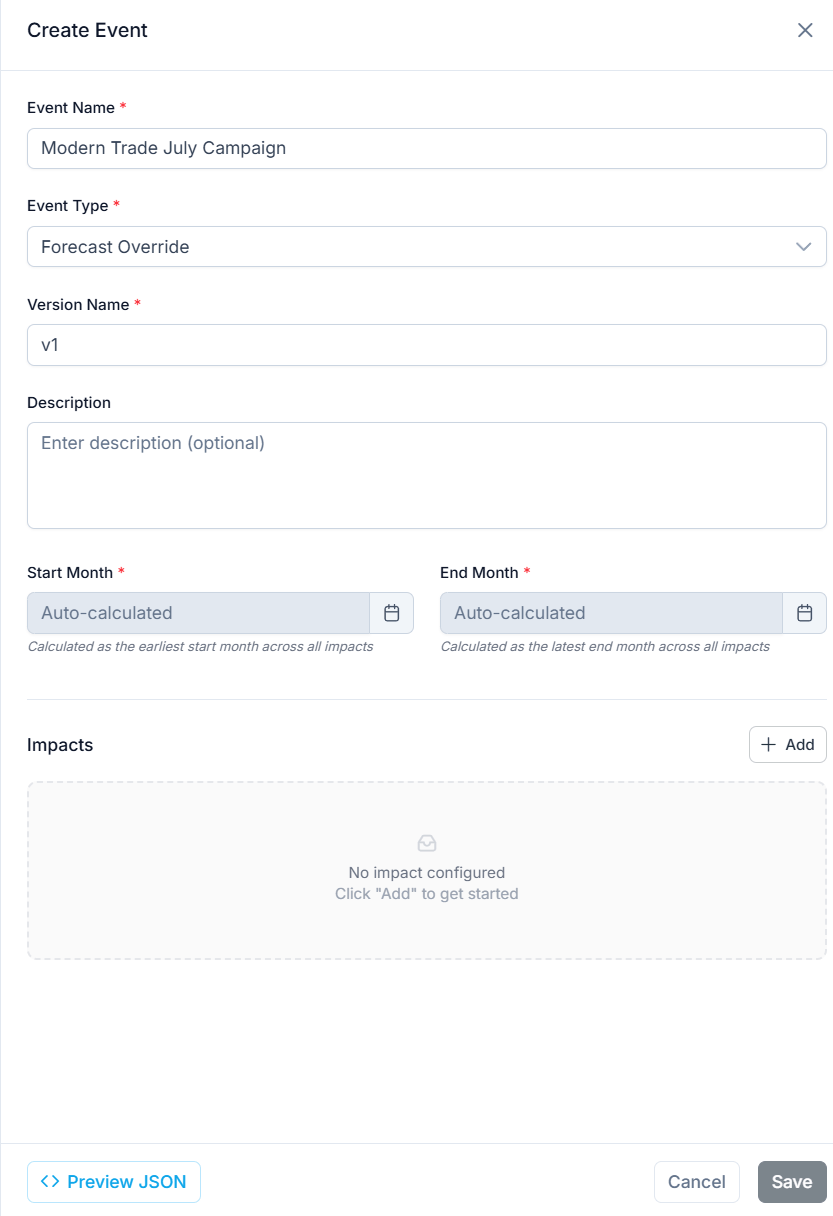 Event creation panel with the event name field and Forecast Override selected as the event type