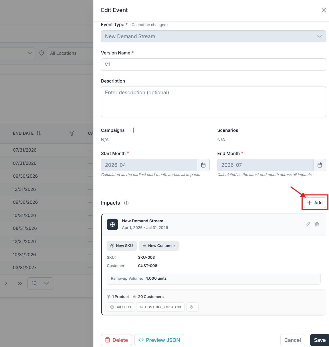 Event editor with the + Add button used to create an additional NPI impact