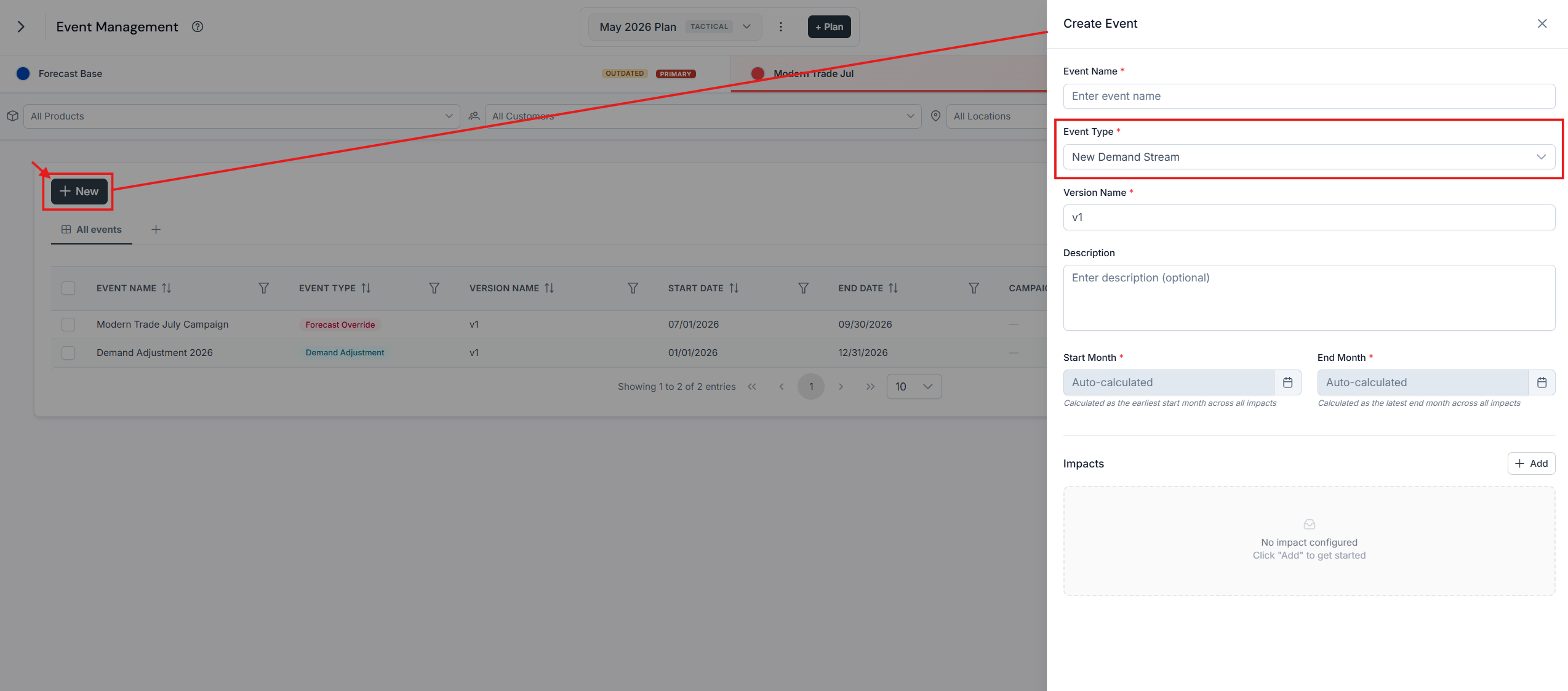 Event type selector with the New Demand Stream option