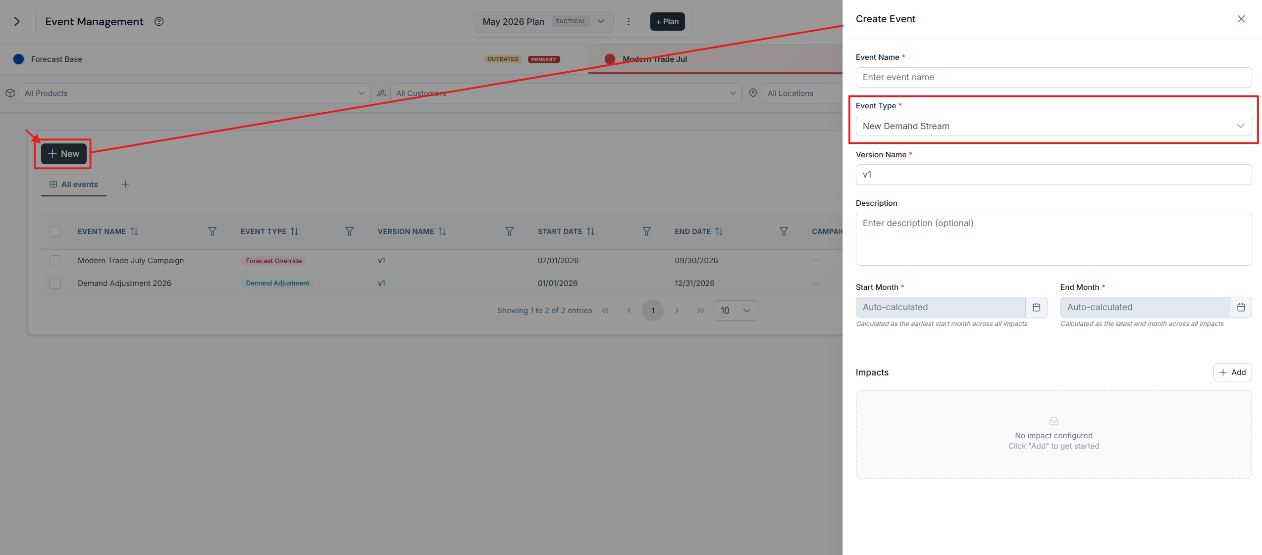 Event type selector with the New Demand Stream option