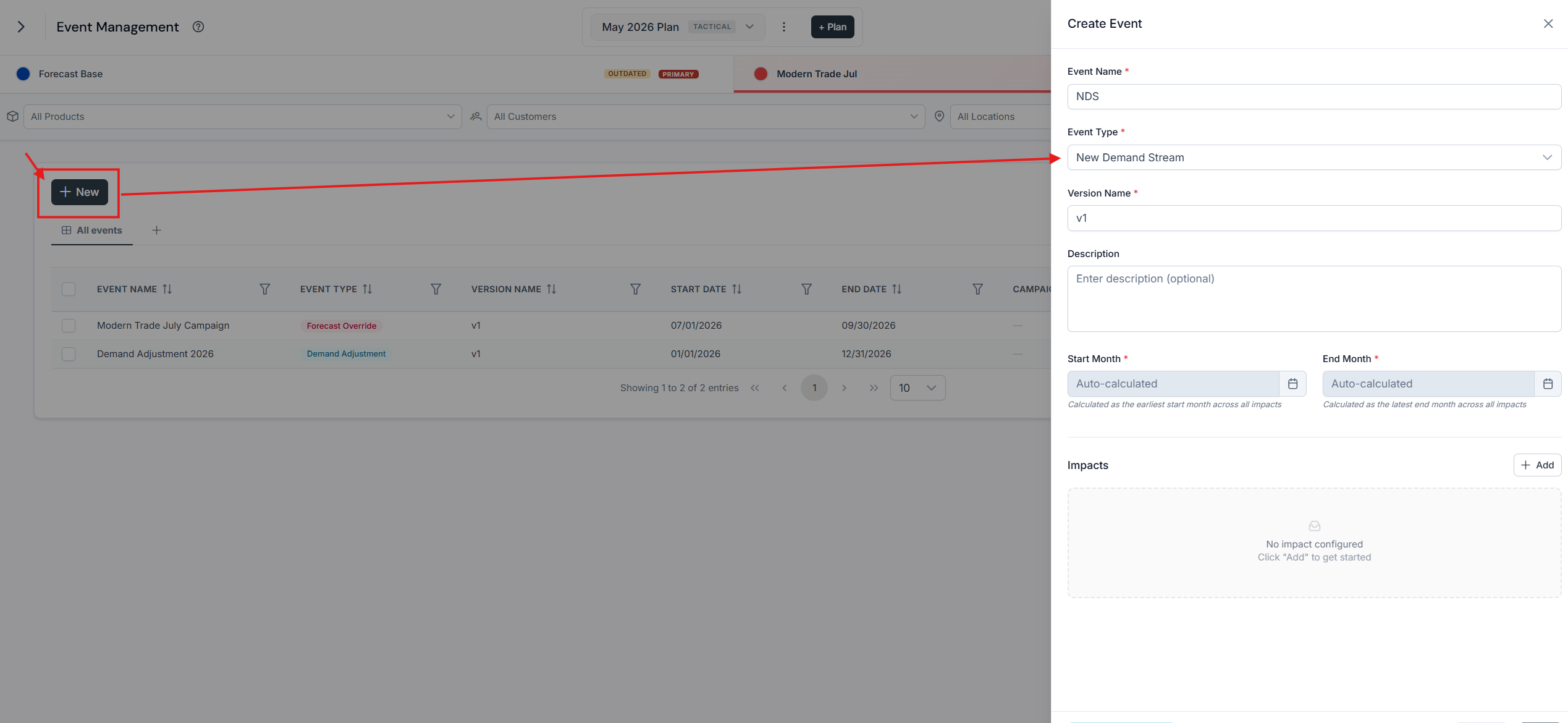 New Demand Stream event editor with the event name and version name fields filled in