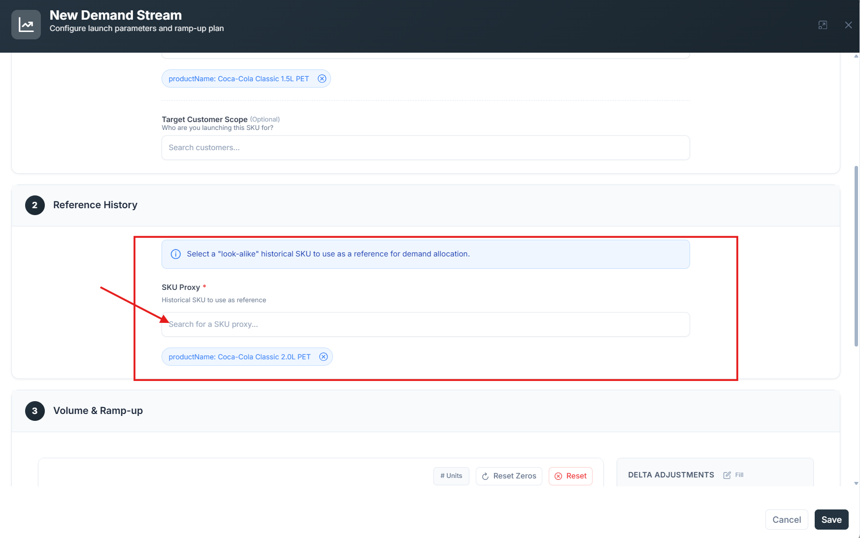 Product proxy drop-down with a reference product selected