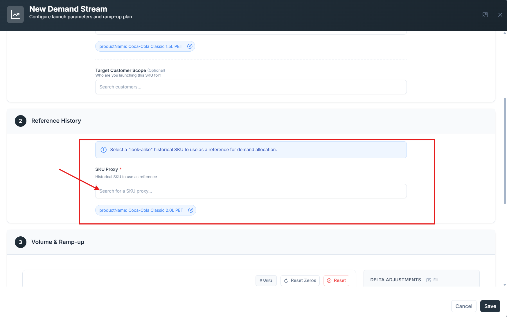 Product proxy drop-down with a reference product selected