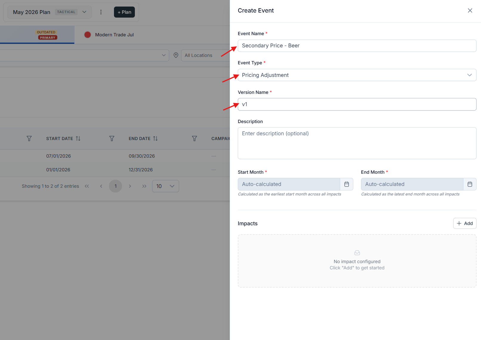 New event dialog on the Event Management page with Pricing Adjustment selected as the event type, showing the Event Name and Version Name fields