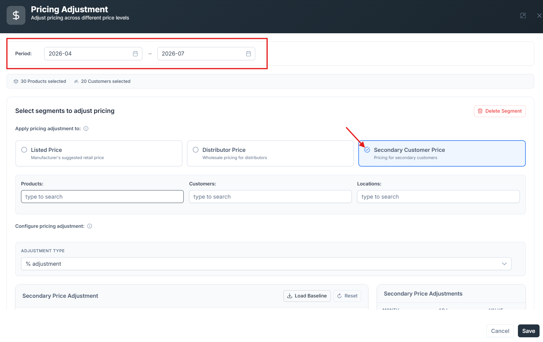Price type selector showing Listed Price, Distributor Price and Secondary Customer Price options alongside the event period date range