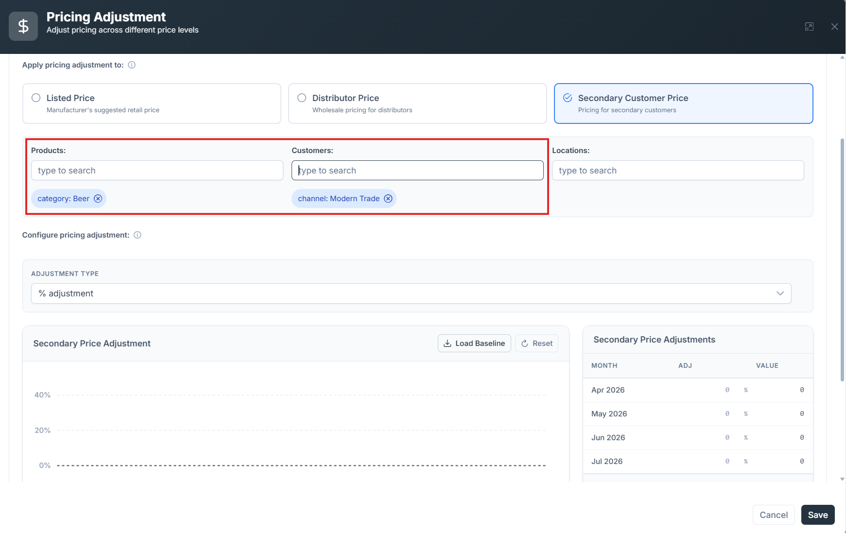 Impacted segment configuration with product and customer search boxes and the Add button for creating additional impacts
