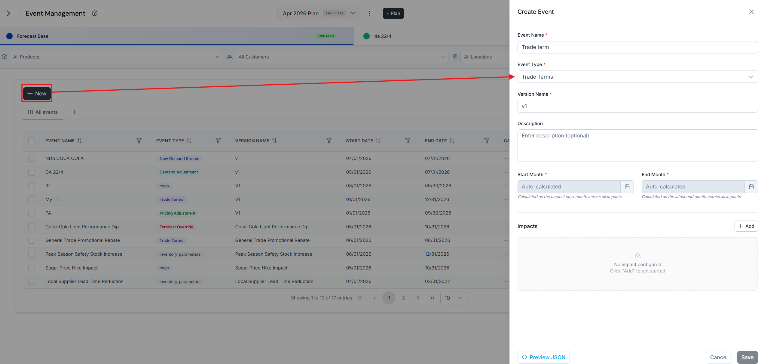 New event dialog with the Event Type dropdown open and Trade Terms selected
