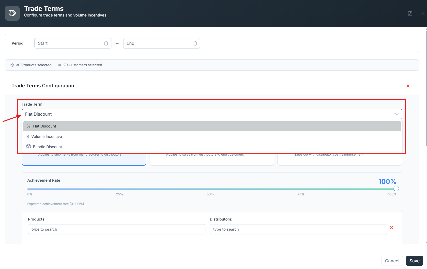 Trade term config panel showing the Flat Discount, Target Rebate Incentive and Bundle Discount policy options