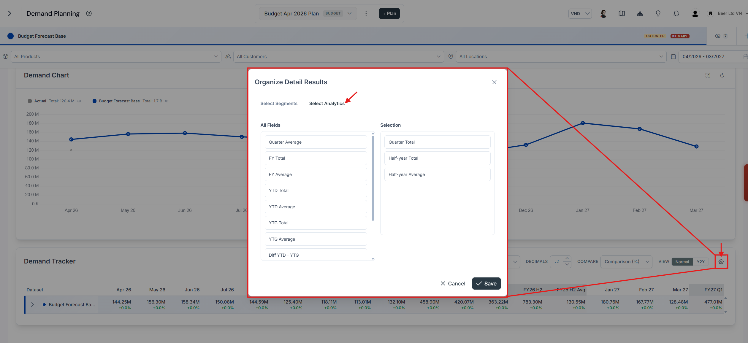 Analytics settings dialog with a list of metrics that can be toggled on or off and reordered