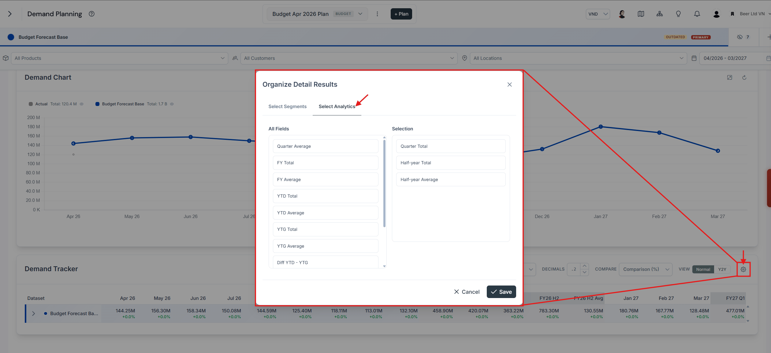 Analytics settings dialog with a list of metrics that can be toggled on or off and reordered