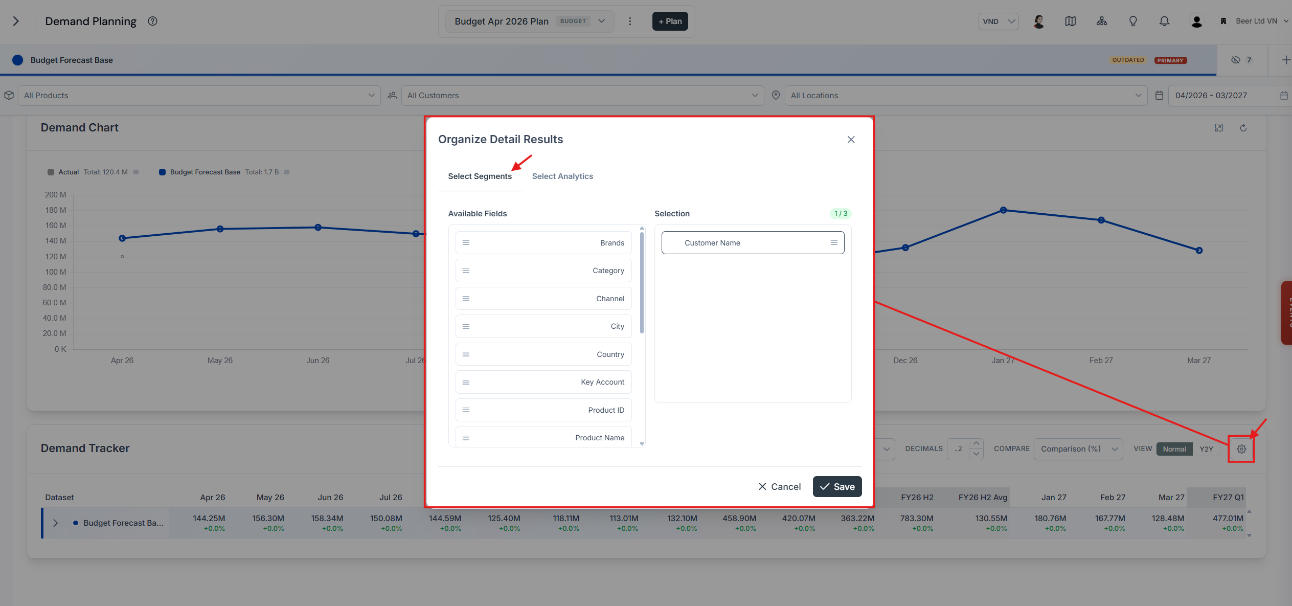 Table settings dialog open on the Select Segments tab, where the segment hierarchy for the demand breakdown is defined and saved