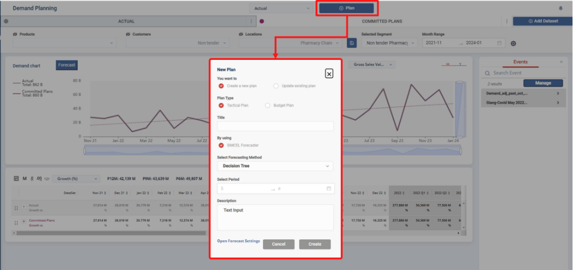 SIMCEL toolbar with the + Plan button highlighted, opening the plan creation menu