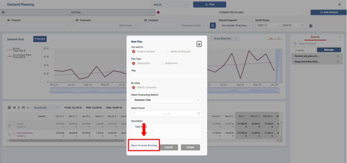 Plan creation pop-up with the Open Forecast Settings button at the bottom