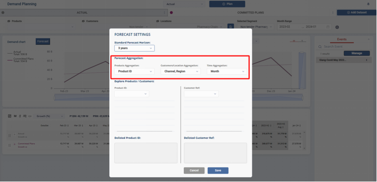 Forecast Aggregation settings with granularity selectors for the Product, Customer/Location, and Time dimensions