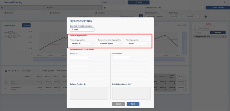 Forecast Aggregation settings with granularity selectors for the Product, Customer/Location, and Time dimensions