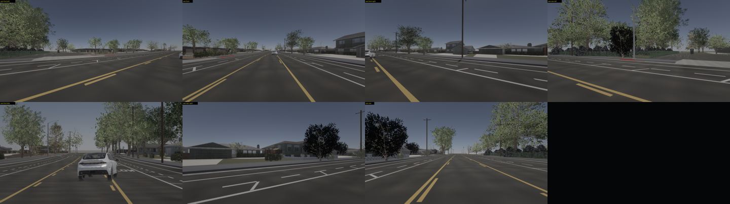 The seven cameras at 5 s, training preset: front left, front, front right, rear left (top row); front telephoto, rear right, rear (bottom row)