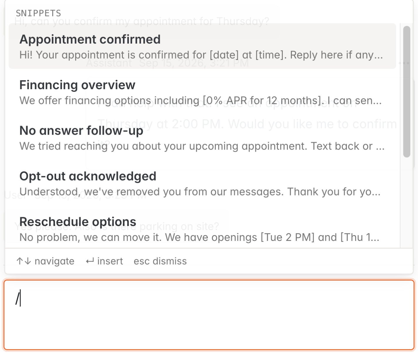 Snippet list open in the SMS reply box