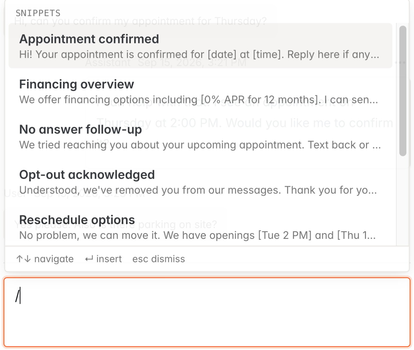 Snippet list open in the SMS reply box
