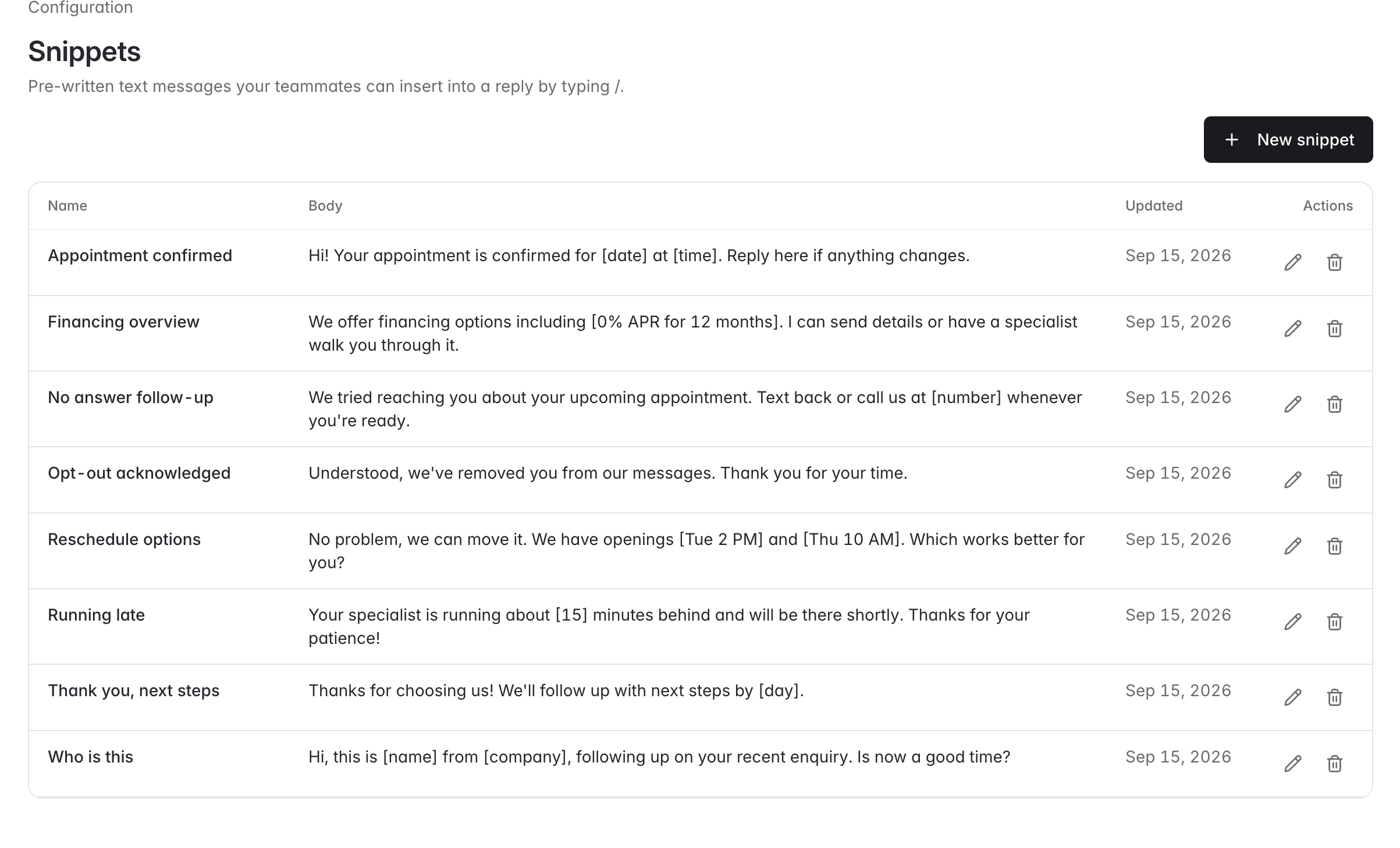 The Snippets page in Configuration
