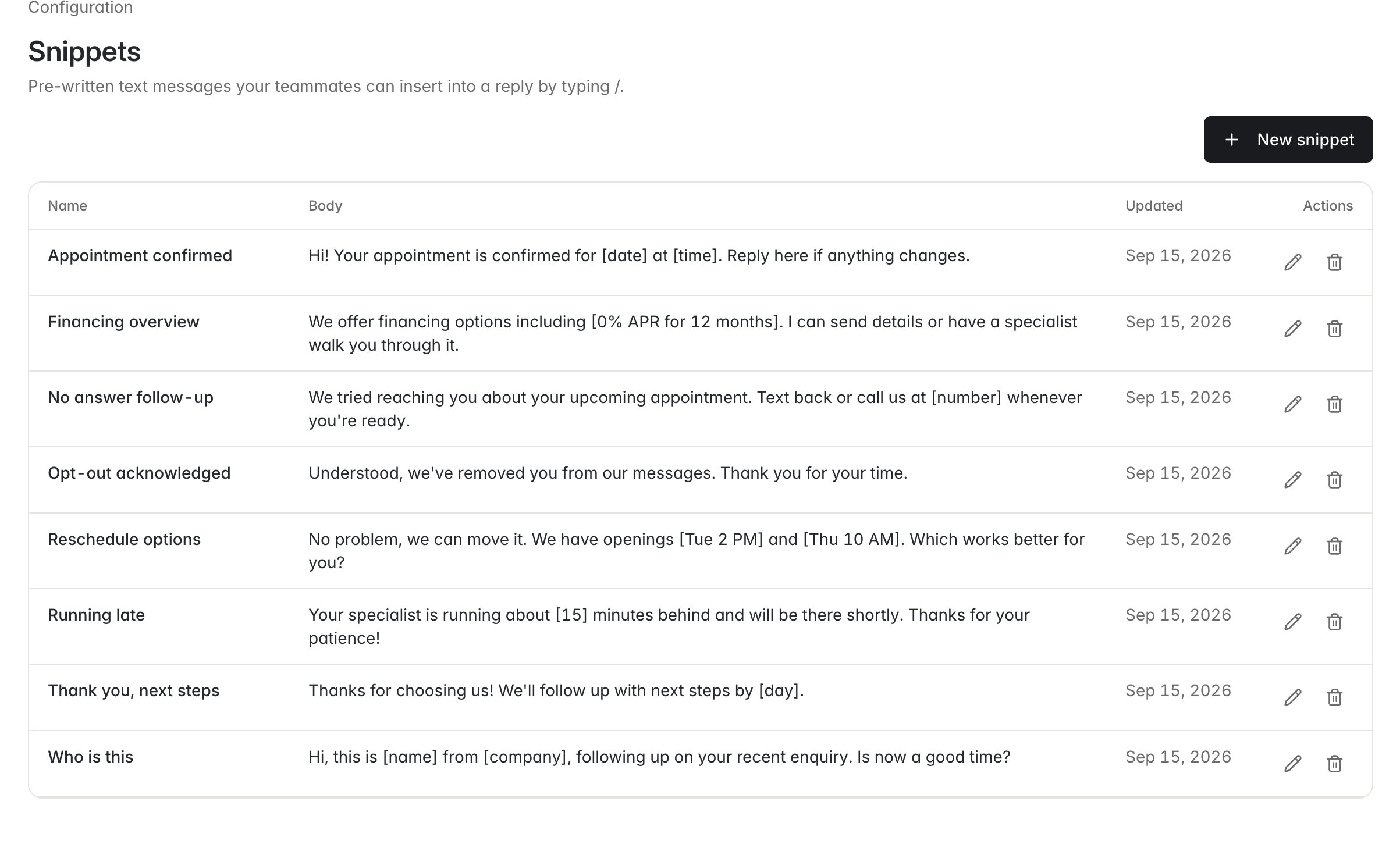 The Snippets page in Configuration