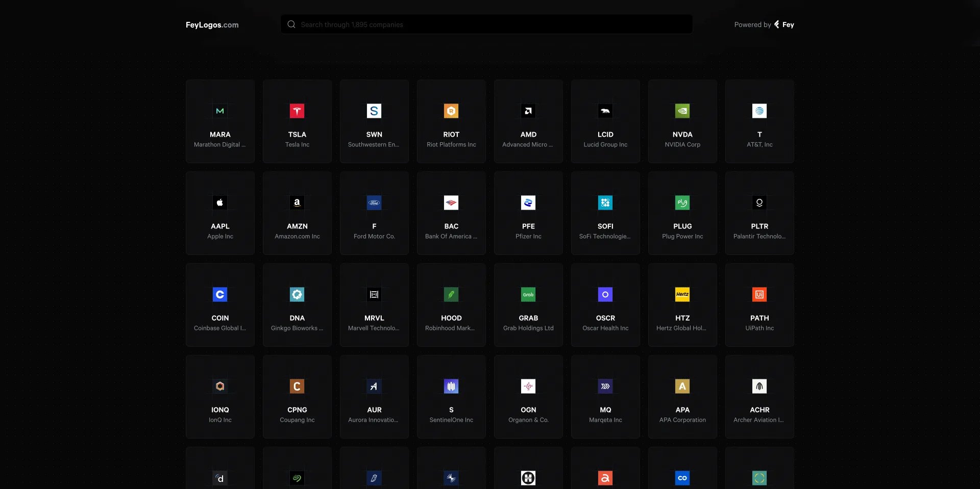 The FeyLogos.com site with a search bar above a dark grid of public-company logo tiles labeled by ticker symbol