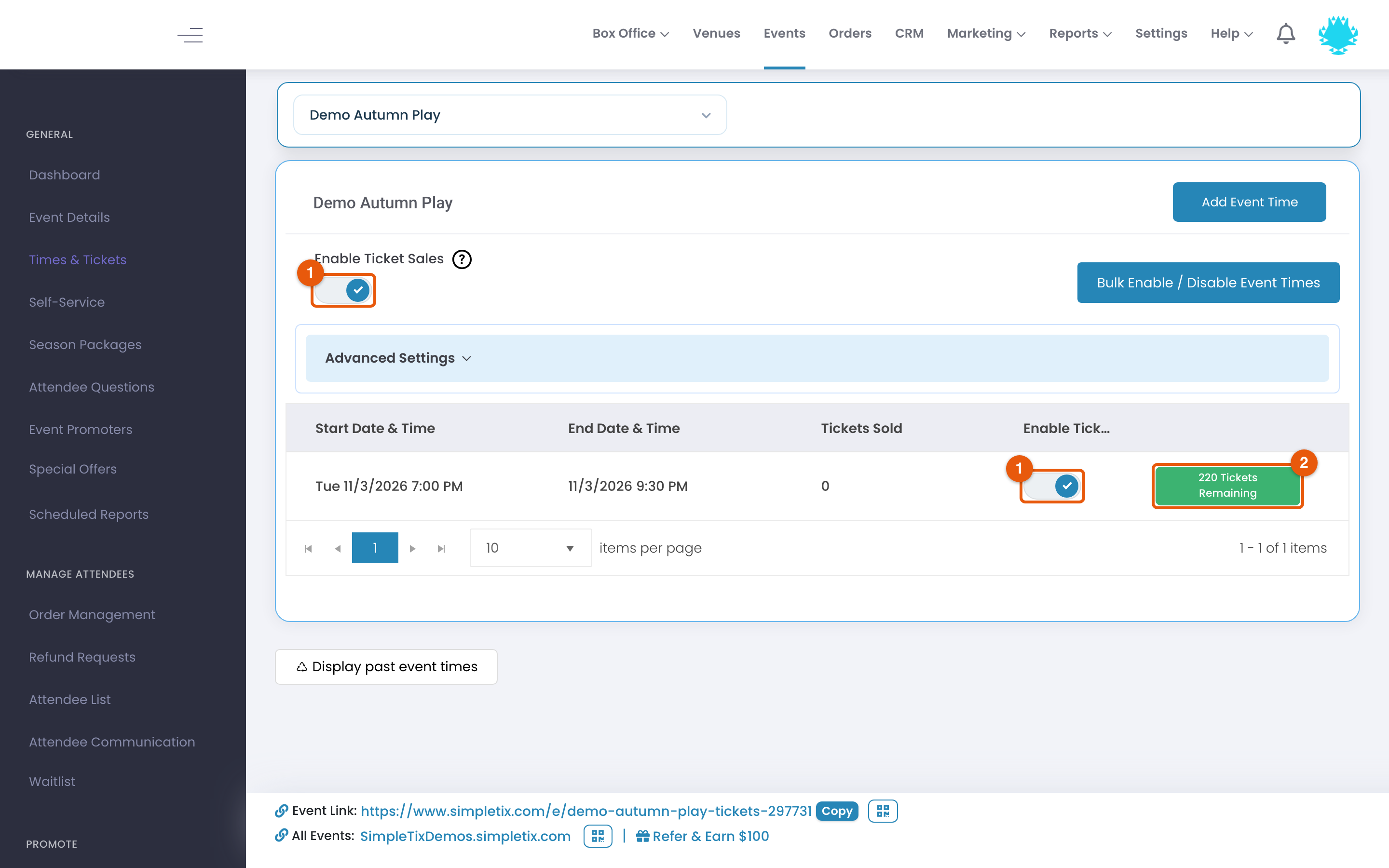 Times & Tickets page with the event's Enable Ticket Sales switch and the per-time sales switch marked 1, and the Tickets Remaining badge marked 2
