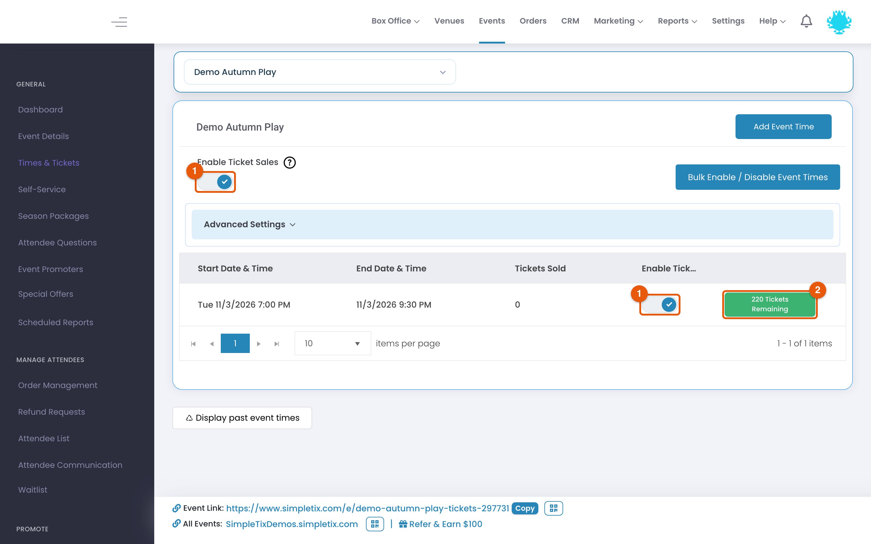 Times & Tickets page with the event's Enable Ticket Sales switch and the per-time sales switch marked 1, and the Tickets Remaining badge marked 2
