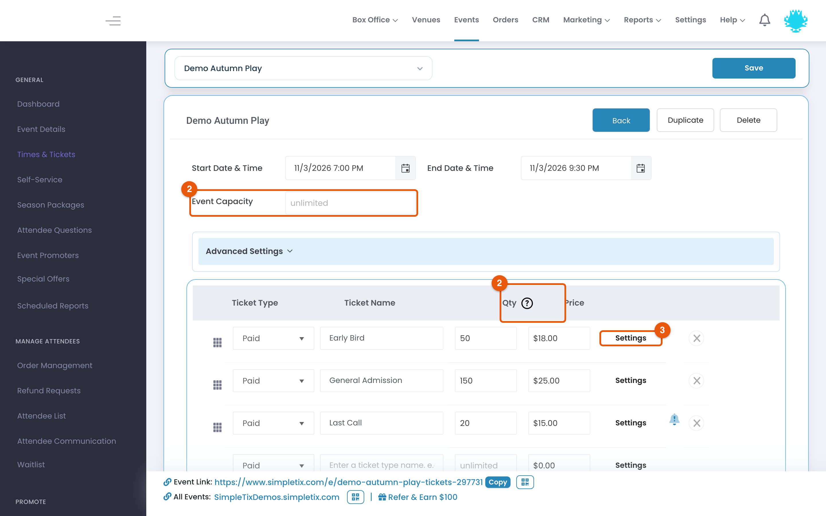 An event time's page with Event Capacity and the ticket Qty column marked 2, and a ticket's Settings link marked 3