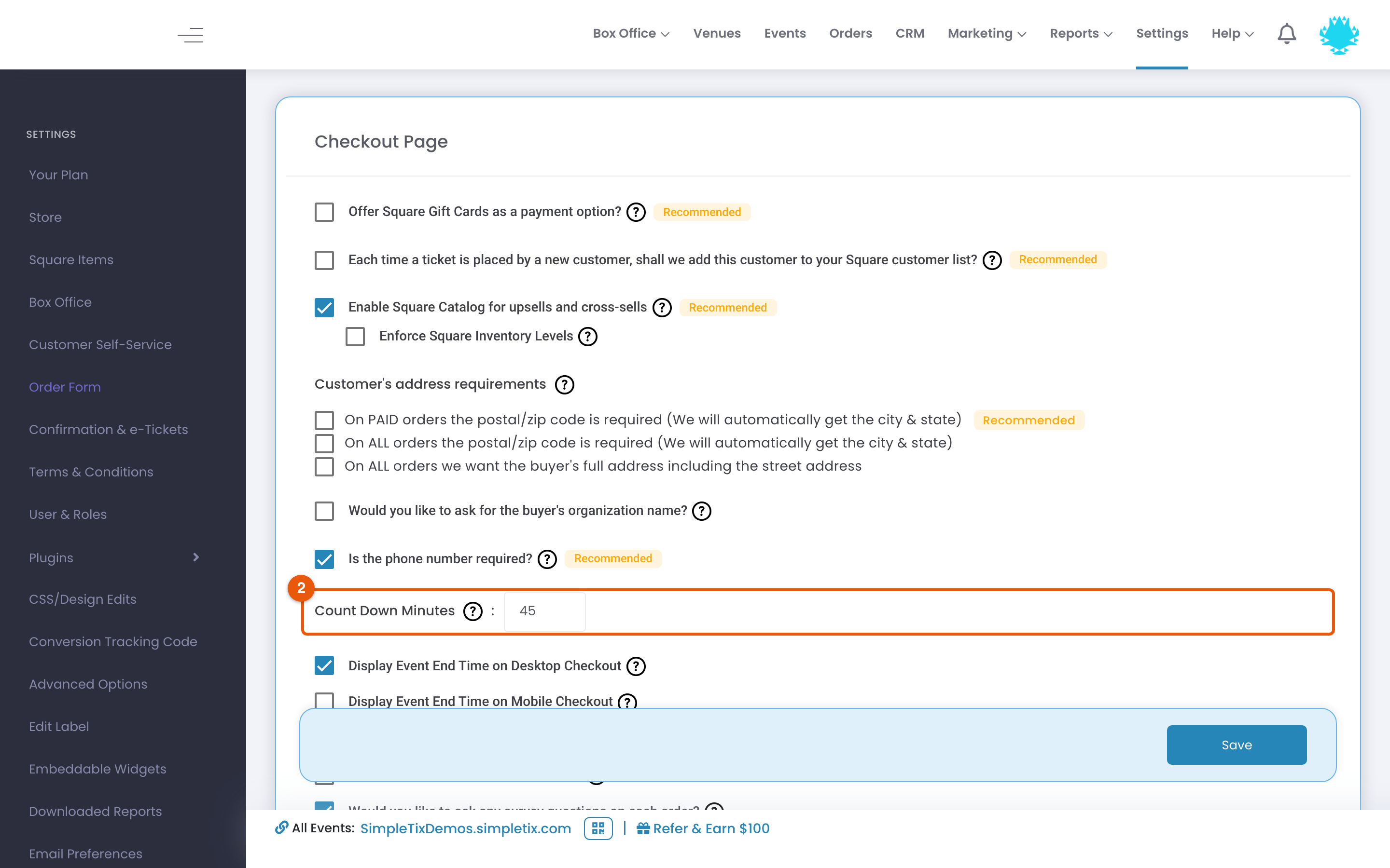 Settings, Order Form page with Count Down Minutes marked 2