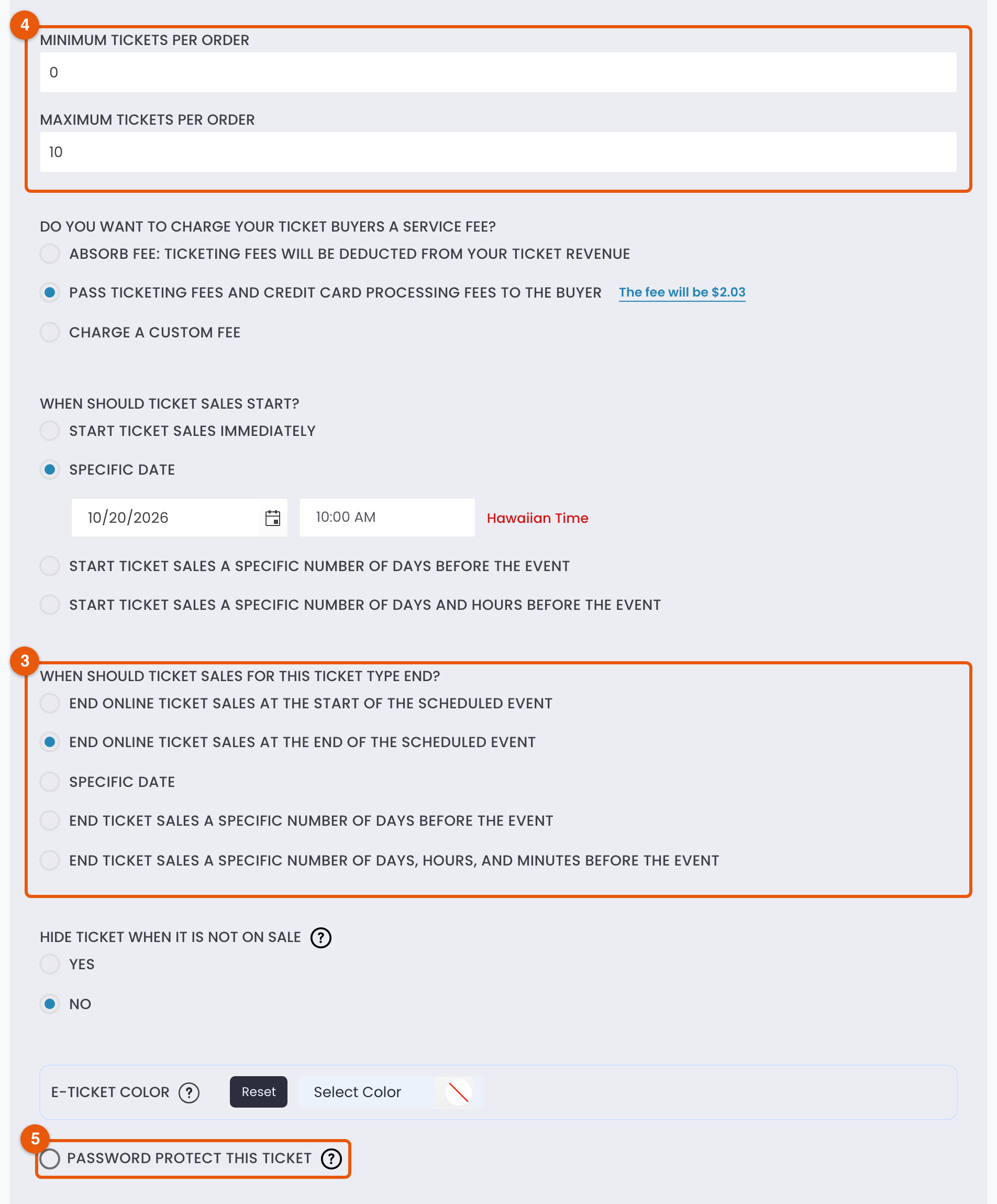 A ticket's Settings panel with Minimum and Maximum tickets per order marked 4, the sales end options marked 3, and Password protect this ticket marked 5