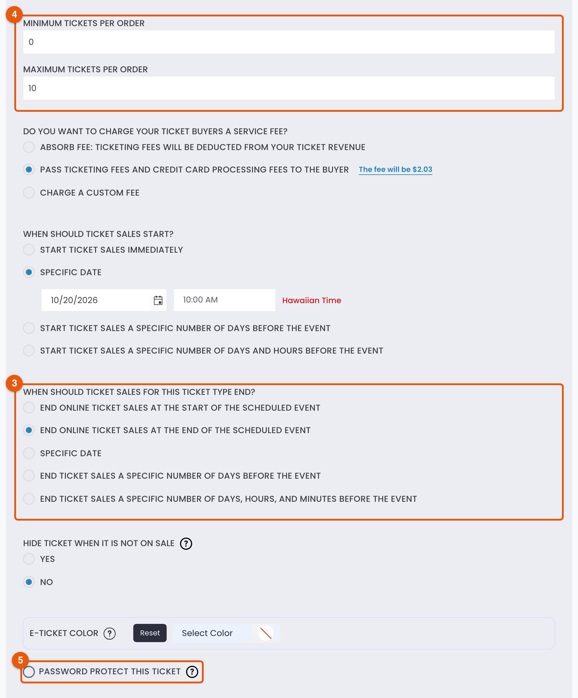 A ticket's Settings panel with Minimum and Maximum tickets per order marked 4, the sales end options marked 3, and Password protect this ticket marked 5