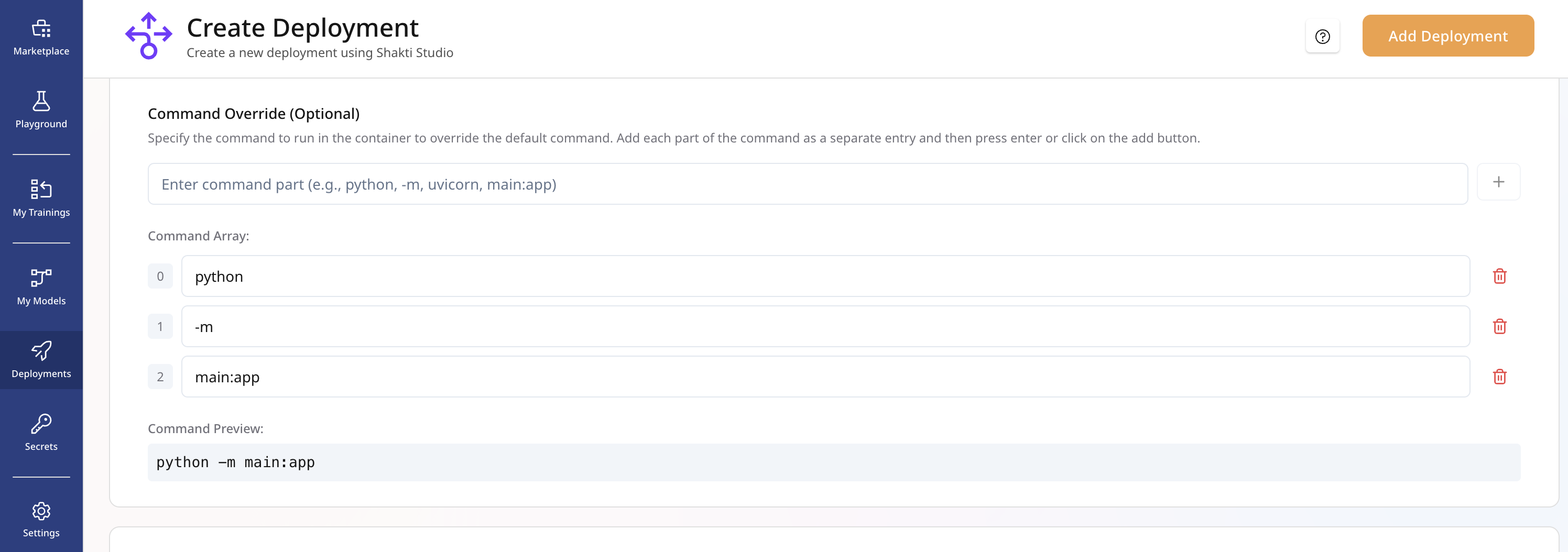 Create Deployment: Command Override