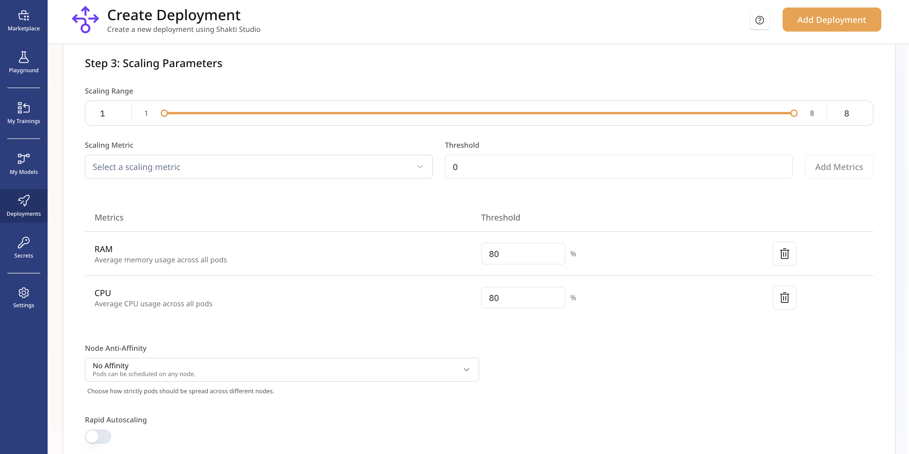 Create Deployment: Scaling Parameters